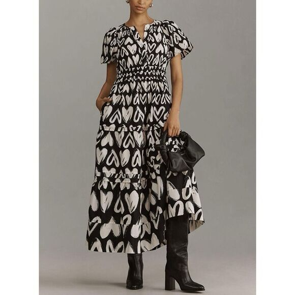 Anthropologie Somerset Maxi Dress Womens Small S Black White Hearts Pockets NWT - Picture 1 of 12